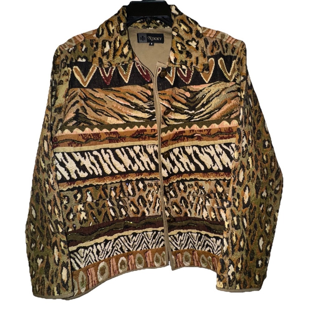 Vtg Nikky Tapestry Blazer Jacket Animal Print Beaded Sequins 90's Women's Sz S
